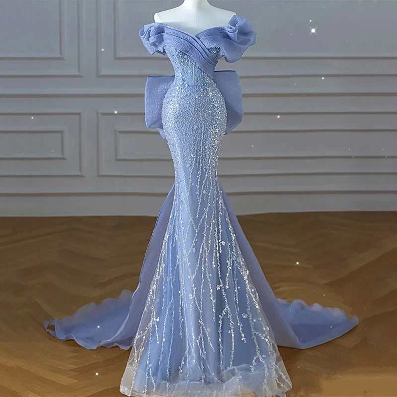 Luxury Dusty Blue Womens Asymmetrical Evening Dress V-neck Ruffle Beaded Sequin Natural Waistline Party Formal Prom Gown MegaBDM