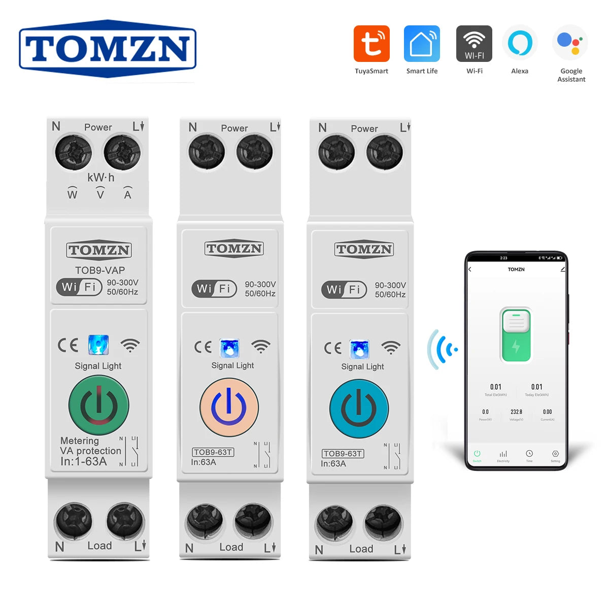 TOMZN 63A 1P+N WIFI Smart Switch Energy Meter kWh Metering Monitoring Timer Relay MCB TUYA Smartlife Voltage Current Protection