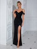 Luxury Black Sequin Evening Dress Off Shoulder Spaghetti Strap High Split Mermaid Gown for Women Party Wear MegaBDM