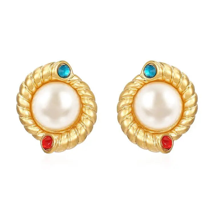 Classic French Style Imitation Pearl Stud Earrings 18K Gold Plated Stainless Steel Waterproof Women's Party Fashion Earrings