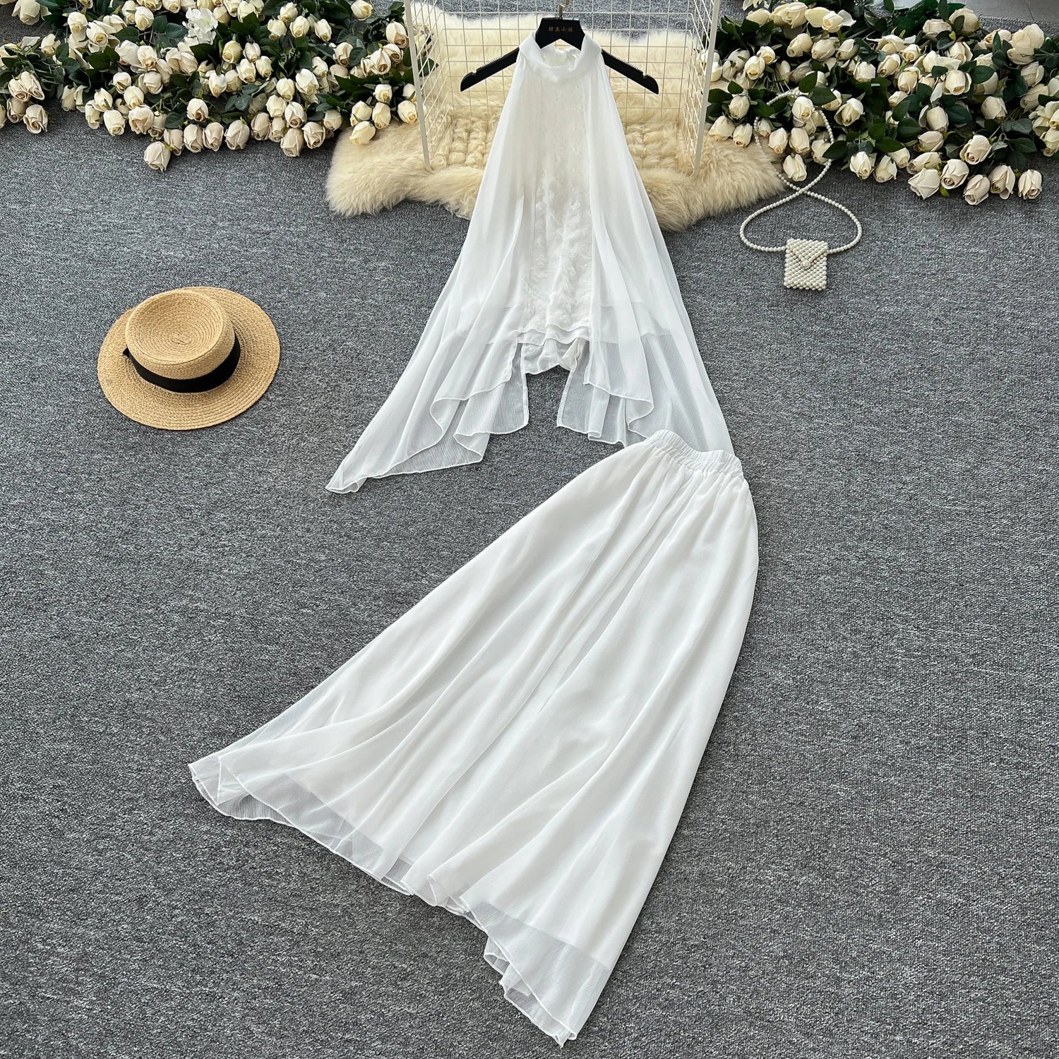 2025 Summer Fairycore 2 Piece Set for Women Halter Asymmetric Top And Mesh Skirts Set Ropa Wholesale