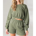 Women's Fall High Waist Shorts and Sweatshirt Crop Top Crew Sweatshirt Set Pullover Sweatshirt and Elastic Waist Shorts Set