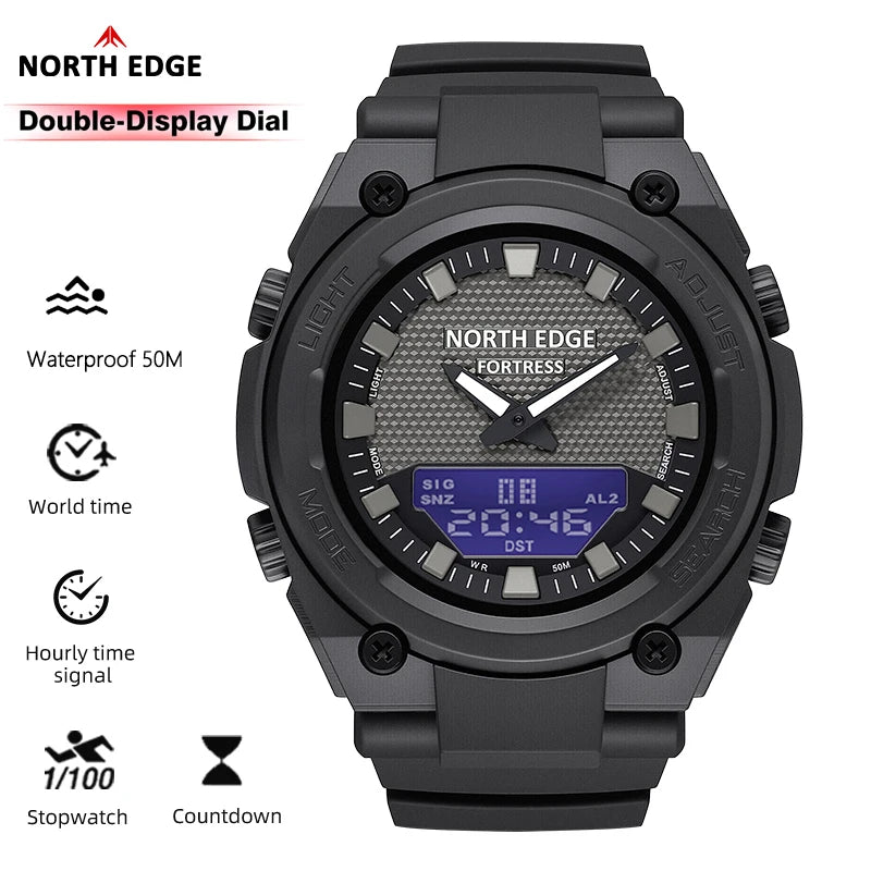 NORTH EDGE FORTRESS 2026 Men Digital Watch Outdoor Sports Waterproof 50M Watches World Time Countdown Electronic LED Wristwatch