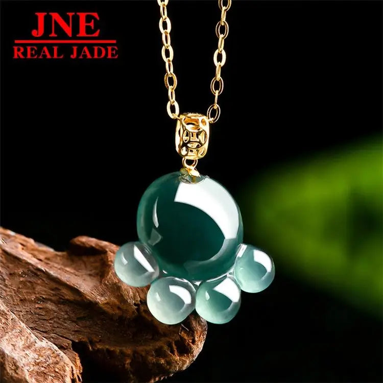 Natural a Type Jade Blue Water Cat's Paw Pendant 18K Gold Inlaid Ice Jade Stone Pendant Cute Women Jade Necklace MegaBDM