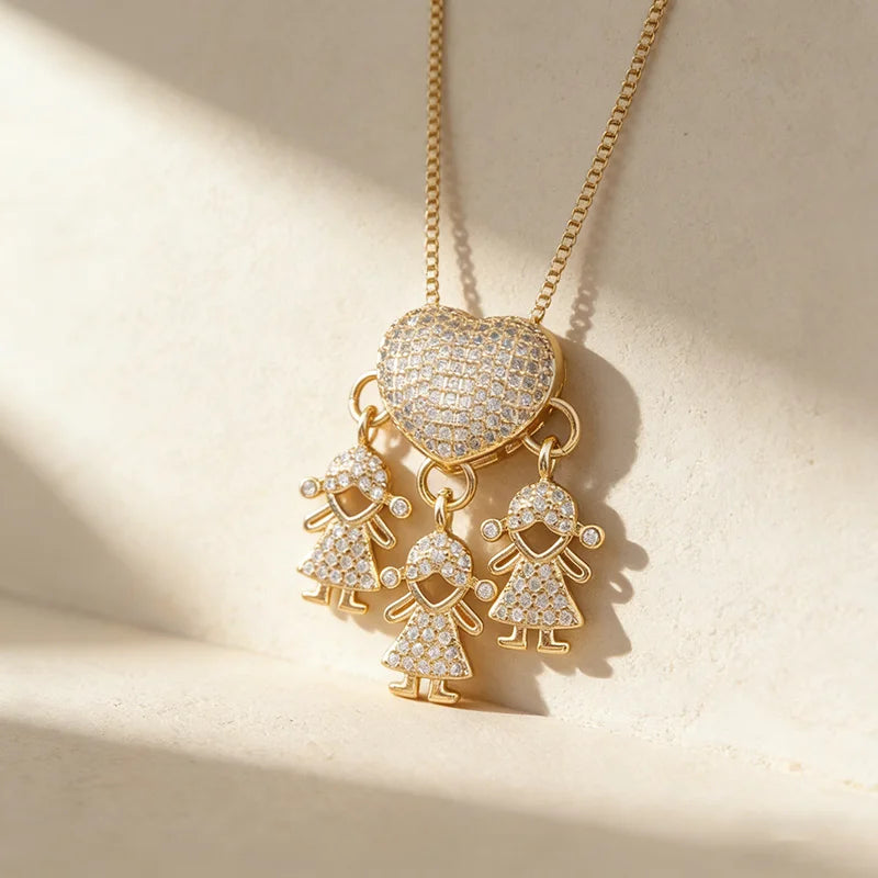 QIKU New Family Love Mom Dad Son Daughter Heart Girl Boy Pendant Charm Necklace Cubic Zircon Party Crystal Jewelry Mother Gift