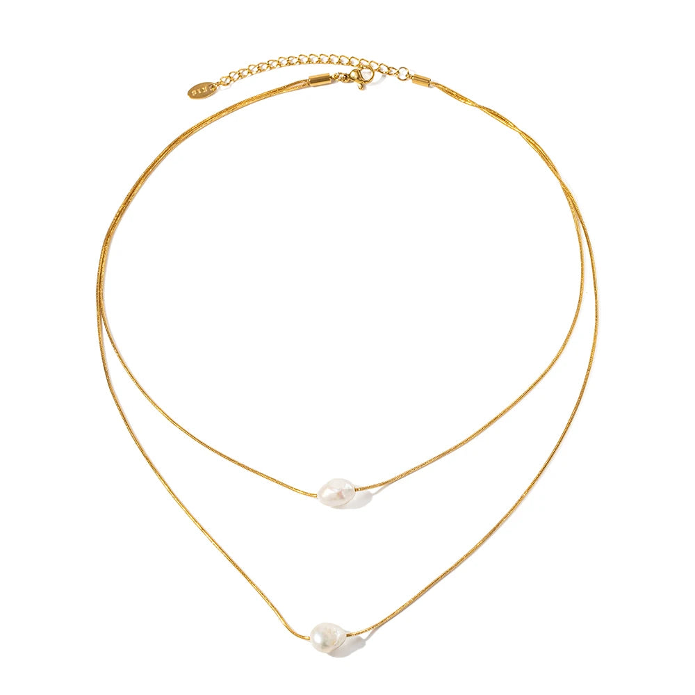 Elegant 18k Gold Plated Double Layered  Freshwater Pearl  Stainless Steel Pendant Necklace for Women
