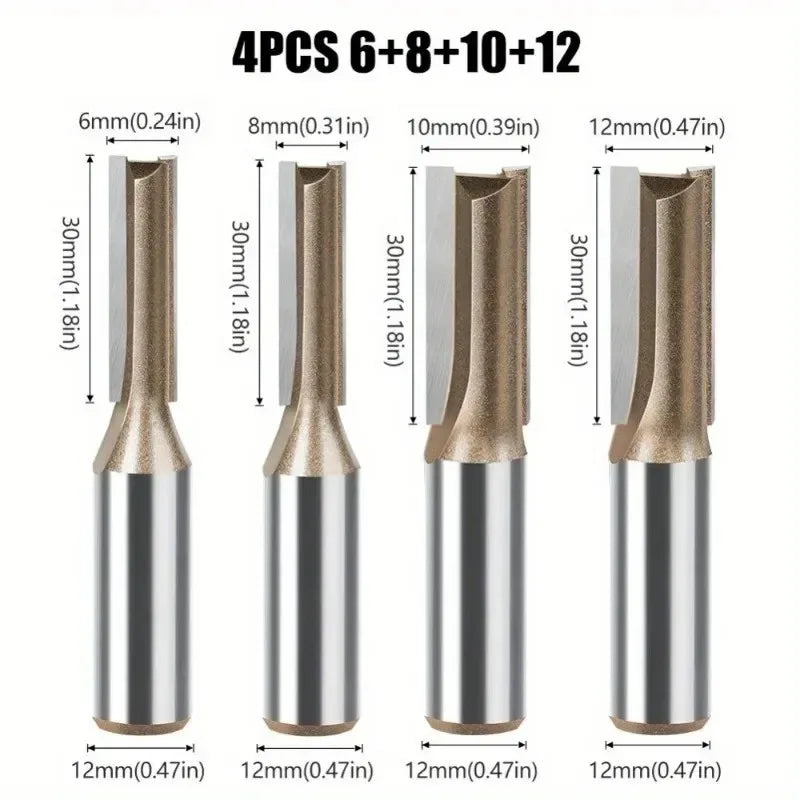 4pcs 1/2 Shank 681012mm Carbide Tipped Double Flute Milling Cutter Grooving Trim Bit Straight Router Bit MegaBDM