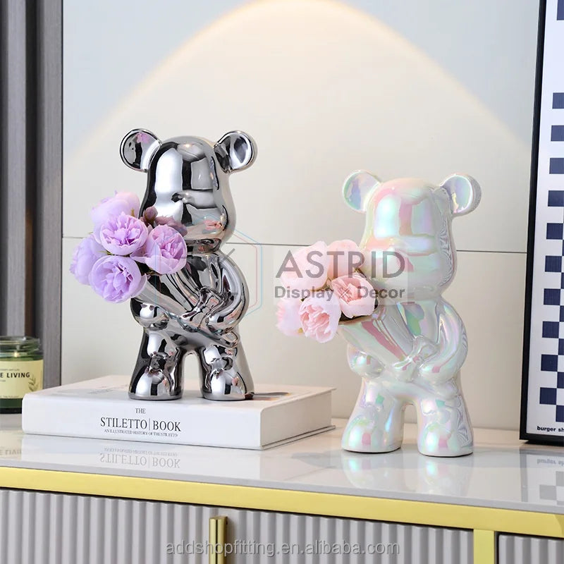 Modern Silver Bear Ceramic Bud Vase for Home Decor Flower Arranging Multifunctional Use