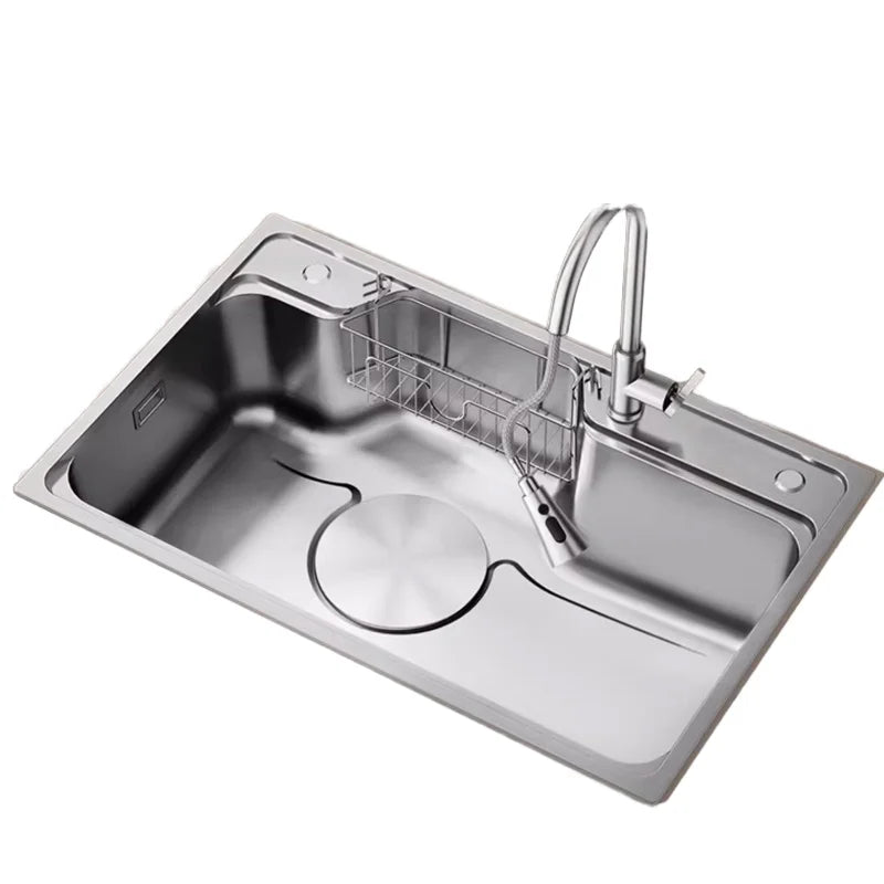 Handmade Commercial-Grade Stainless Steel Single-Bowl Nano Waterfall Kitchen Sink Set Home Square Shape with Four Holes