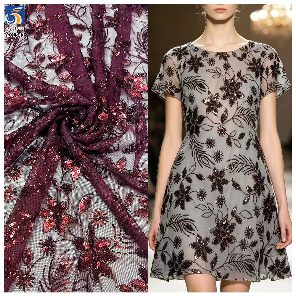 YX1543 Leaf and Floral Sequin Embroidered Mesh Fabric 130CM Wide for Evening Dresses and Women's Fashion MegaBDM