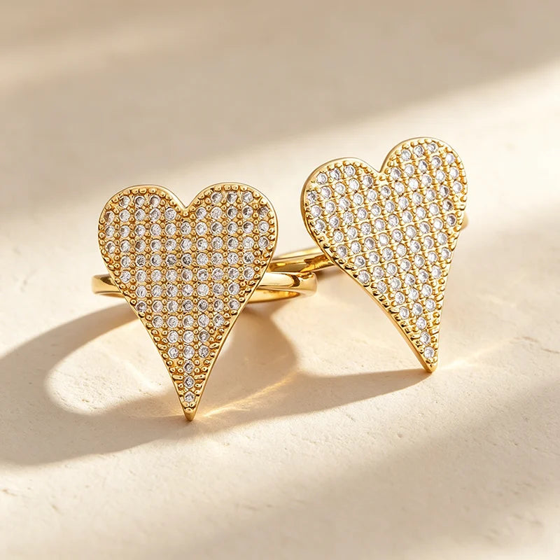 QIKU Heart Shape Women Rings Copper Zircon Opening Adjustable Jewelry Micro Pave Crystal Accessories Gift Wholesale Dropshipping