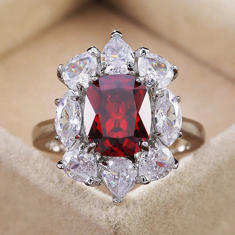 Jewelry Large Red Oval Gems Ring Bright Romantic Cz Rings Launched New Girls Noble White Ruby Rings Women Silver