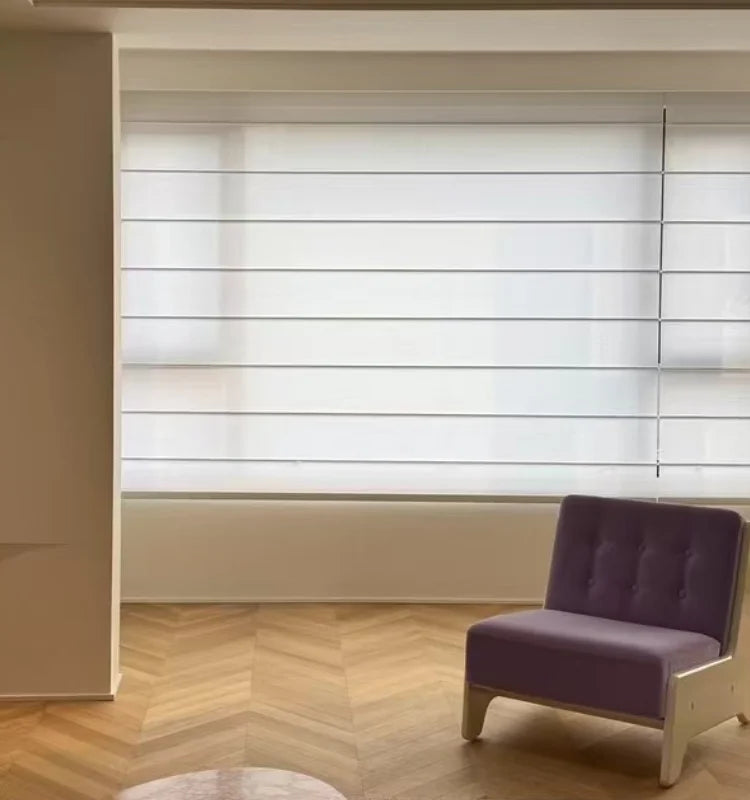 Motorized Roman Blinds Lithium Battery Eco-Friendly Fabric Light Filtering Easy Installation for French Windows-Modern Office