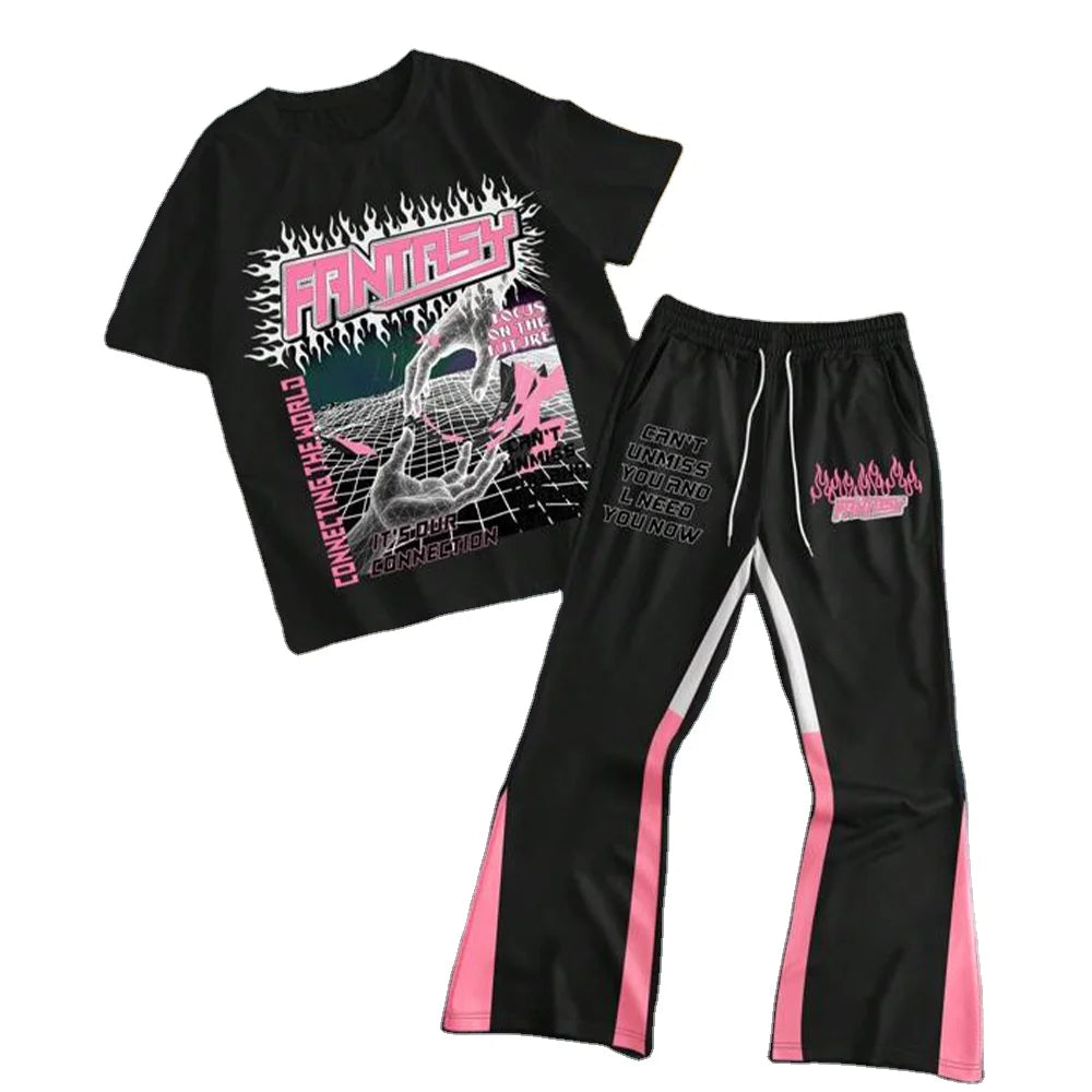 Custom Fantasy Print Plus Size T-Shirt Pink Flame Panel Joggers Set for Men Streetwear Matching 2 Piece Outfit Drawstring Pants