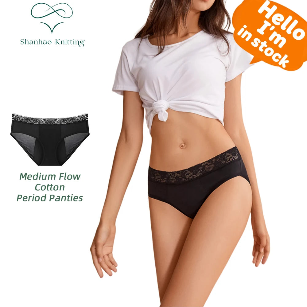 Shanhao RTS PFAS-free Women's Medium Flow Period Panties 4 Absorbent Layer Menstrual Panties Cotton Lace Period Underwear MegaBDM