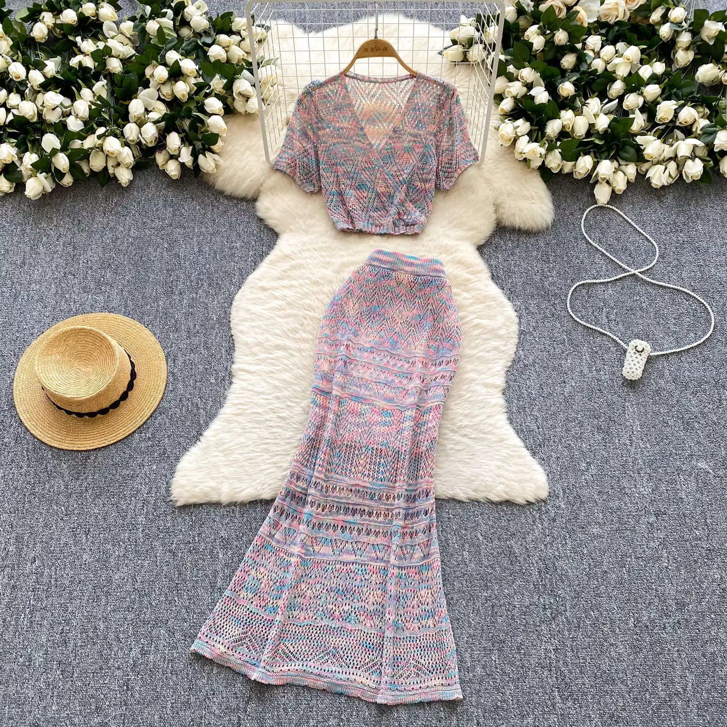 Summer Women's Sweet Sets Top And High Waist Slim Knitted Skirts Set Clothing Wholesale