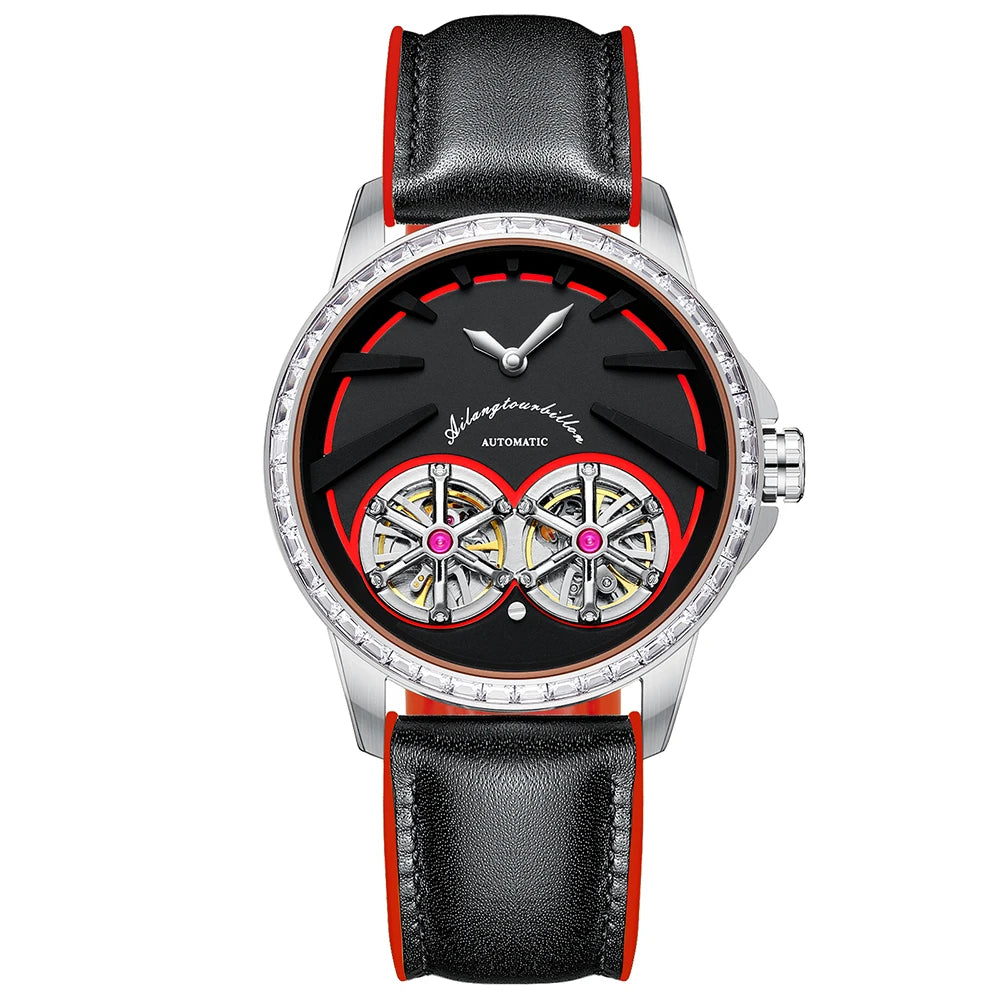 Men Hollow Skeleton Fake Tourbillon Automatic Mechanical Wrist Watch CZ Stone Diamond Bezel Sport Leather Band 3ATM Male Watch MegaBDM