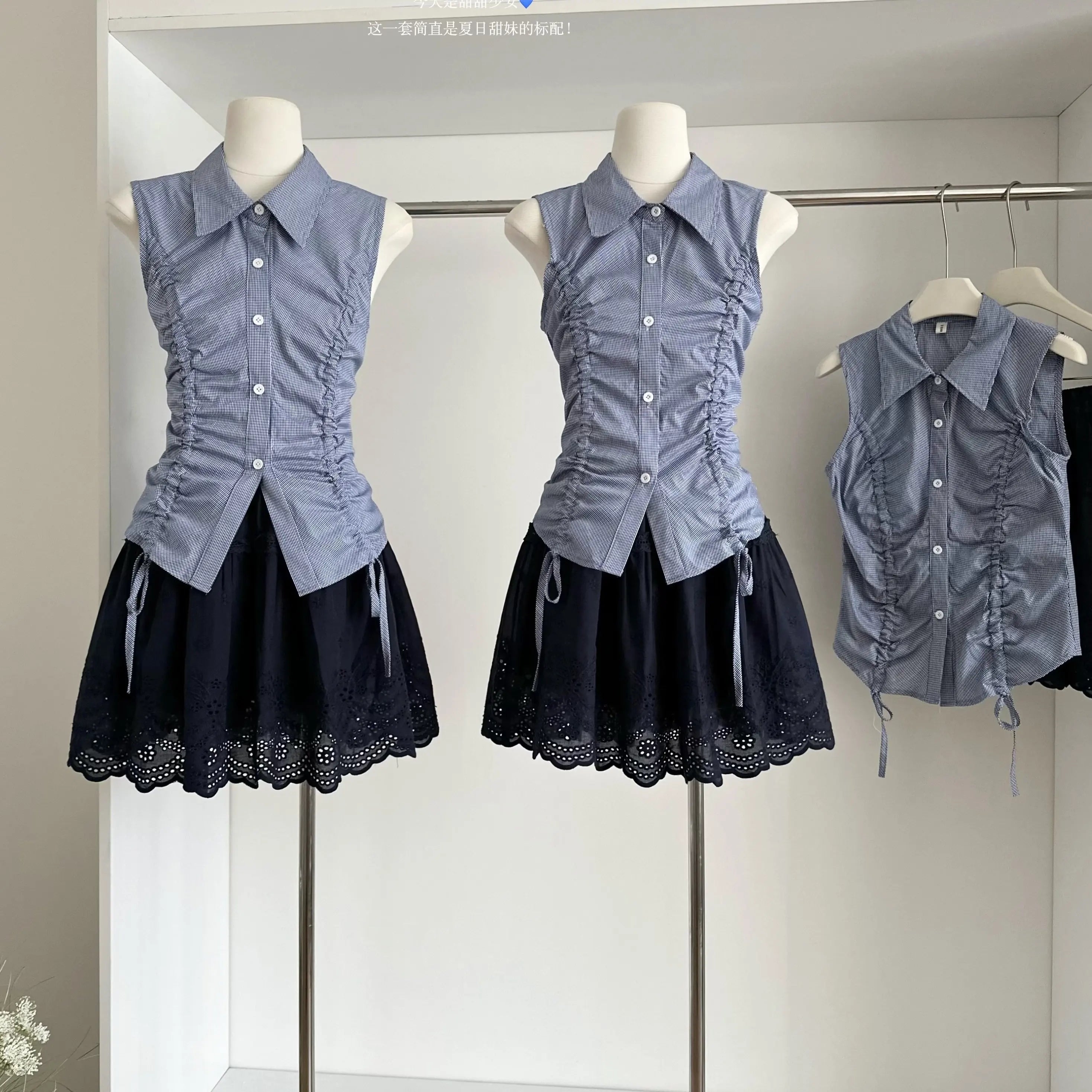 Summer Women's Y2K Sets Sleeveless Bandage Top And Plaid Hand-Painted Pleated Skirts Set Clothing Wholesale