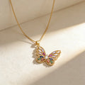QIKU Fashion Rainbow Rhinestone Butterfly Pendant Necklace Gold Color Cubic Zirconia Party Birthday Jewelry Gift Women Wholesale
