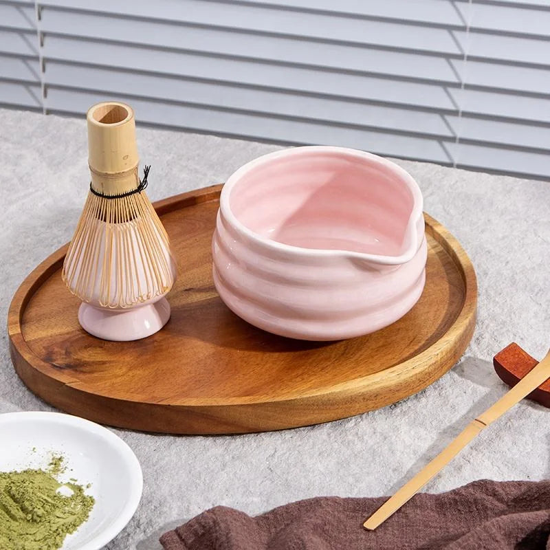 RTS 4 Pieces Wholesale Matcha Tea Bowl Whisk Kit Gift Box Packaging White pink Ceramic Matcha Set