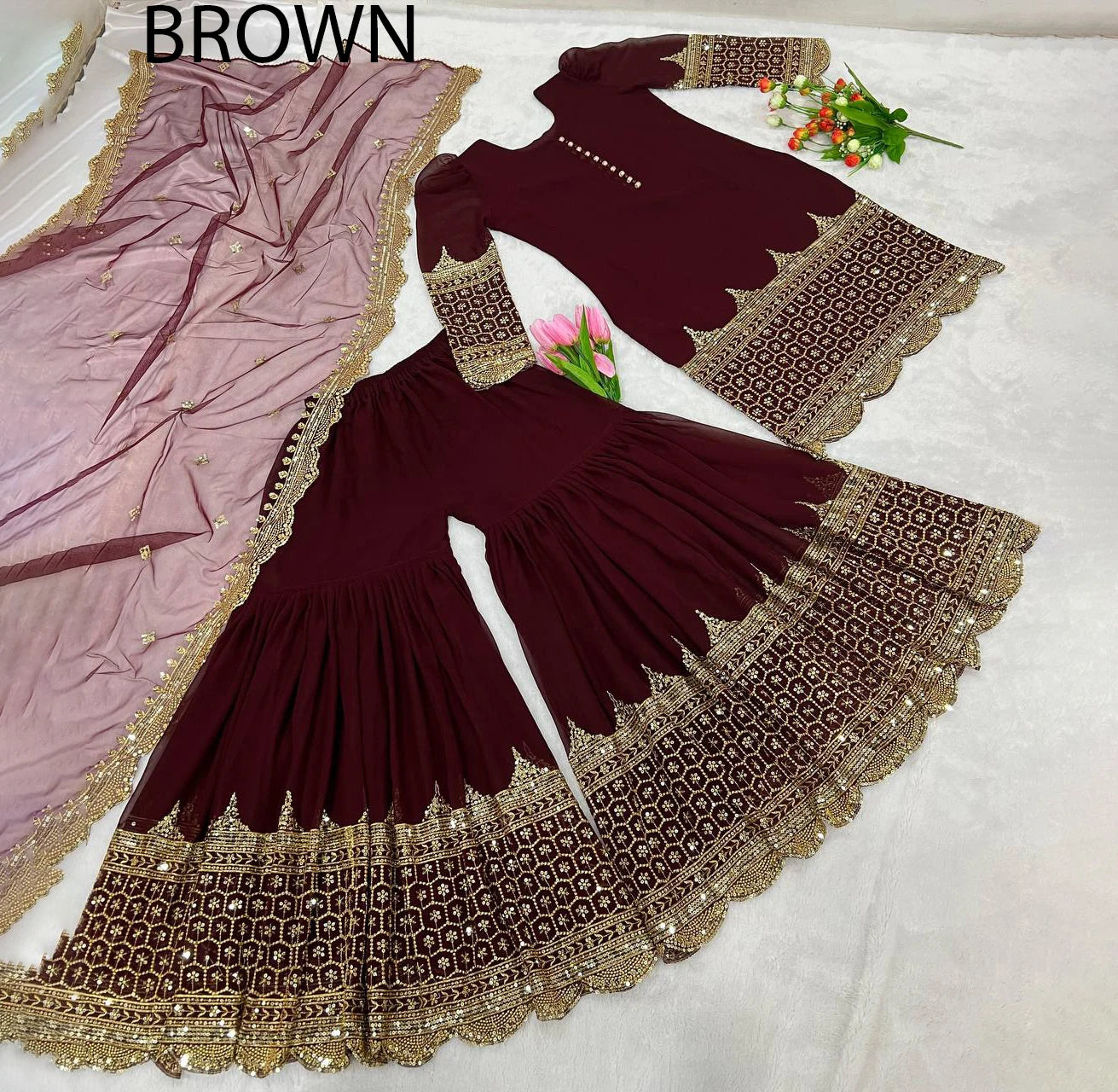 Readymade Indian Embroidery Work Sharara Gharara Kurti Set Georgette Fabric Pakistani Designer Ethnic Wear 3 Pcs Ready To Wear