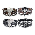 Multilayer Men Braided Black Pu Genuine Leather Bracelet With Polished Alloy Ship Wheel Rudder Charm MegaBDM