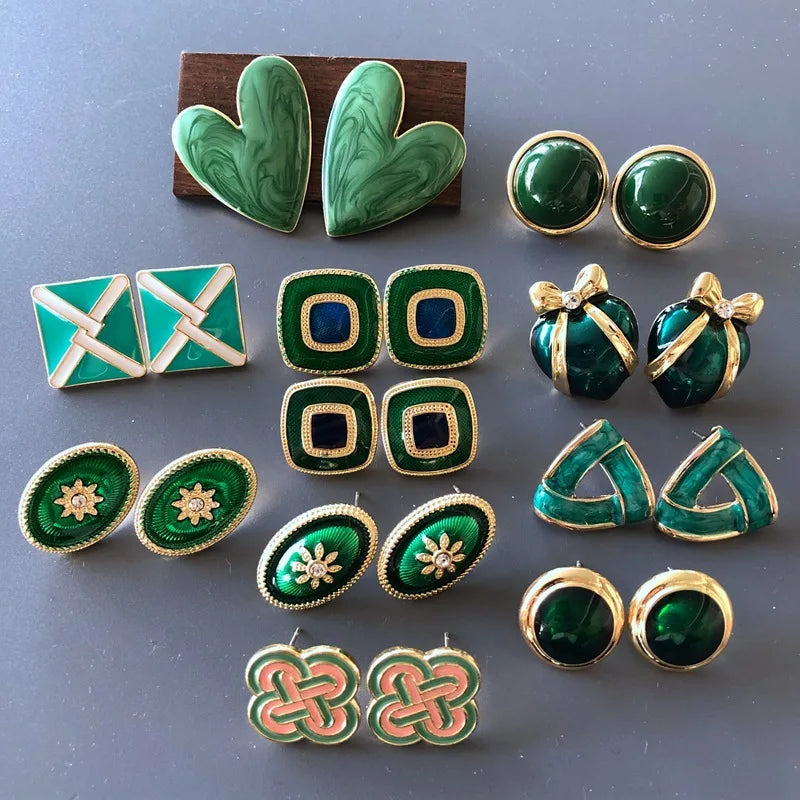 Custom Designer Trendy Medieval Green Love Heart Gold Flower Bow Geometric Stud Earrings for Women Party Jewelry Stud Earrings