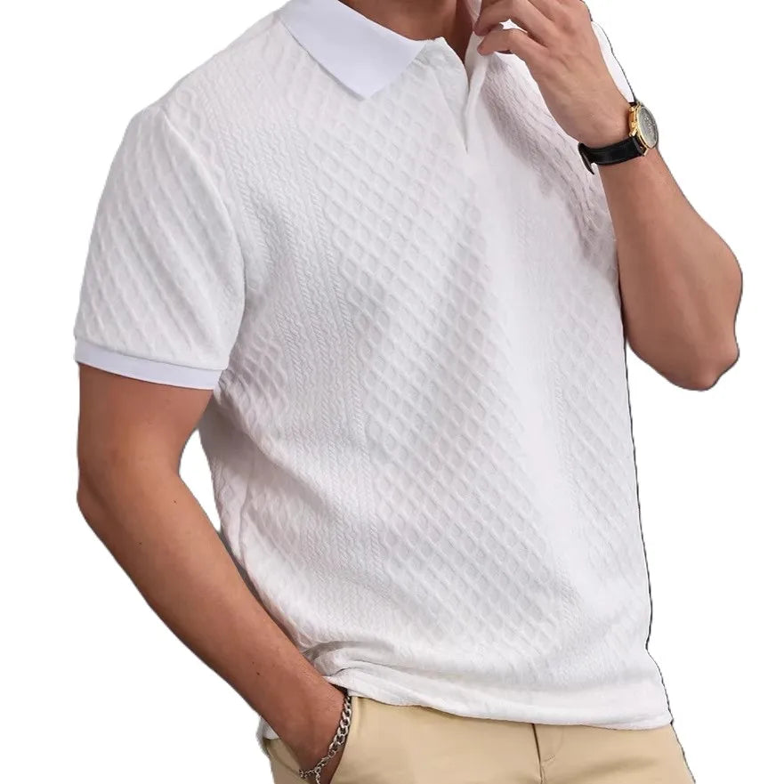 OEM Factory Cross Border Mens Jacquard Fabric Polo Shirt Solid Color Button Placket Stand Collar Short Sleeve Casual Polo Shirt