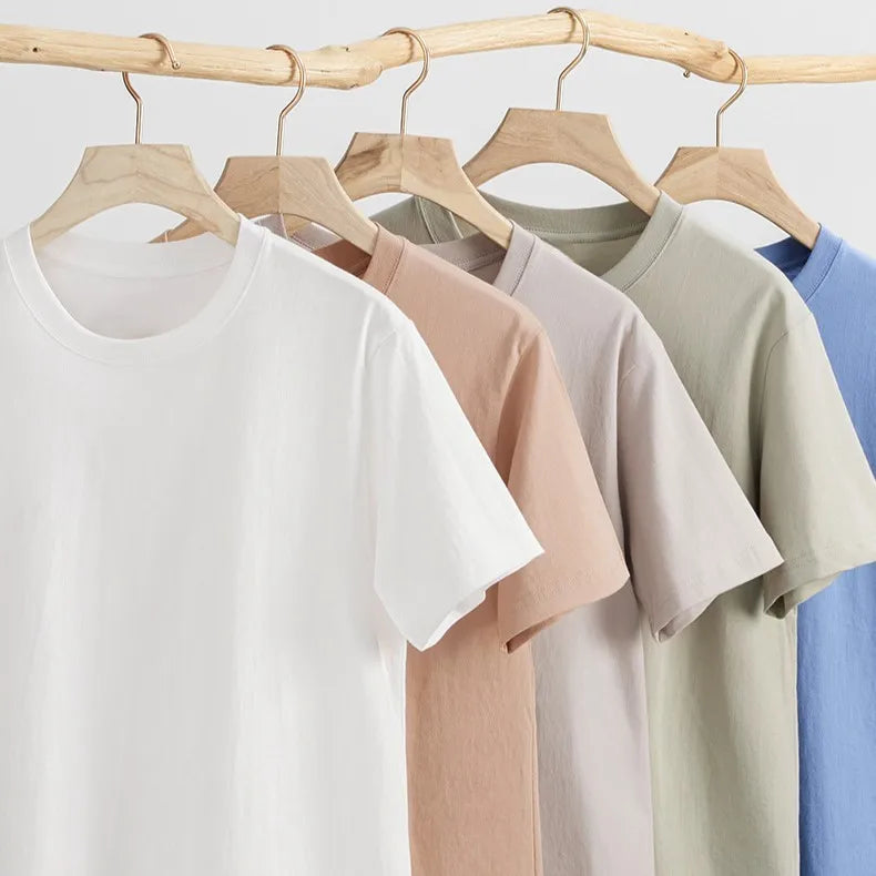 OEM Factory Heavyweight 230g Cotton T Shirt Mens Loose Fit Round Neck Solid Color Casual 5 6 Sleeve Basic Tee Trendy T Shirt