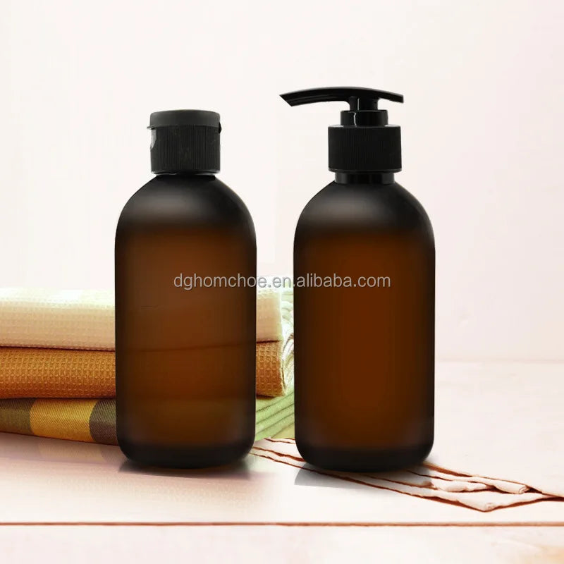 Chinese Factory Customizes 28/410 Empty Round PET Plastic Pump Bottles 300ml 500ml Dark Black Matte Bottle with Flip Cap