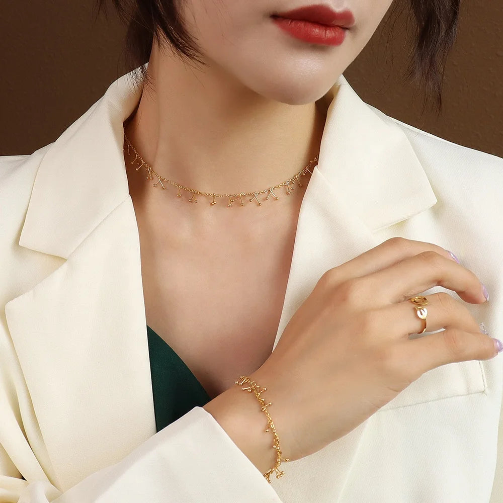 High End New Stainless Steel 18k Gold Plated Small Beads Necklace Bracelet Jewelry Set Wholesale Spot