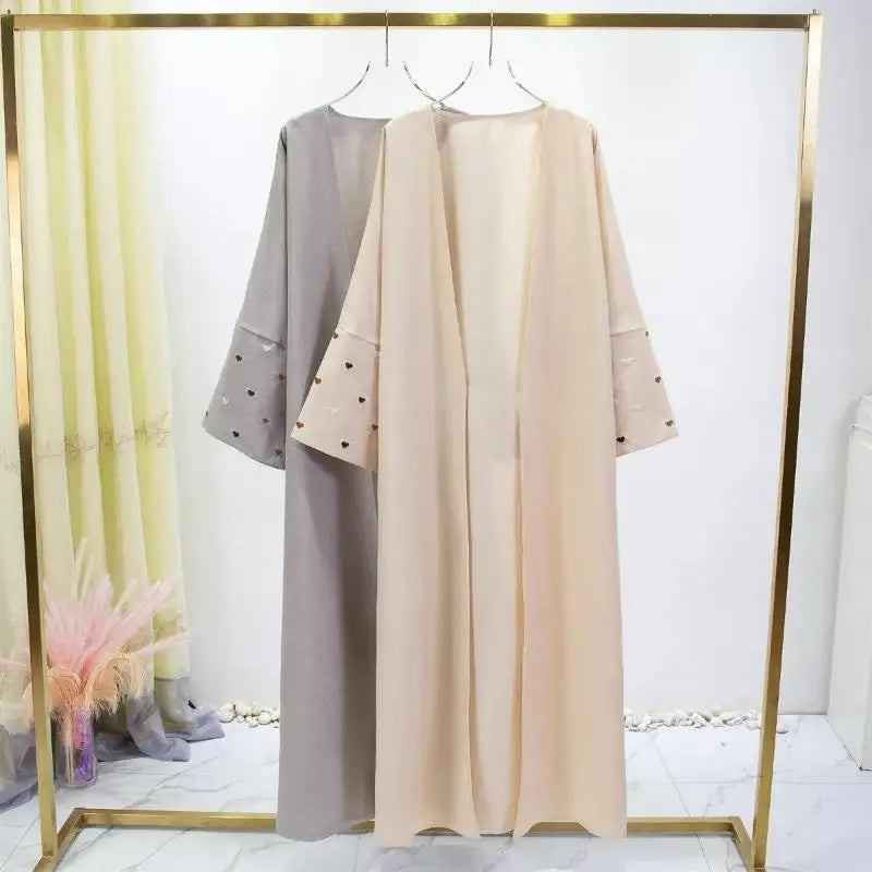 YKD039 Long Sleeve Loose Open Front Abaya Islamic Maxi Dress Women Jilbabs Dubai Robe Heart Embroidery Kaftan Muslim Abayas
