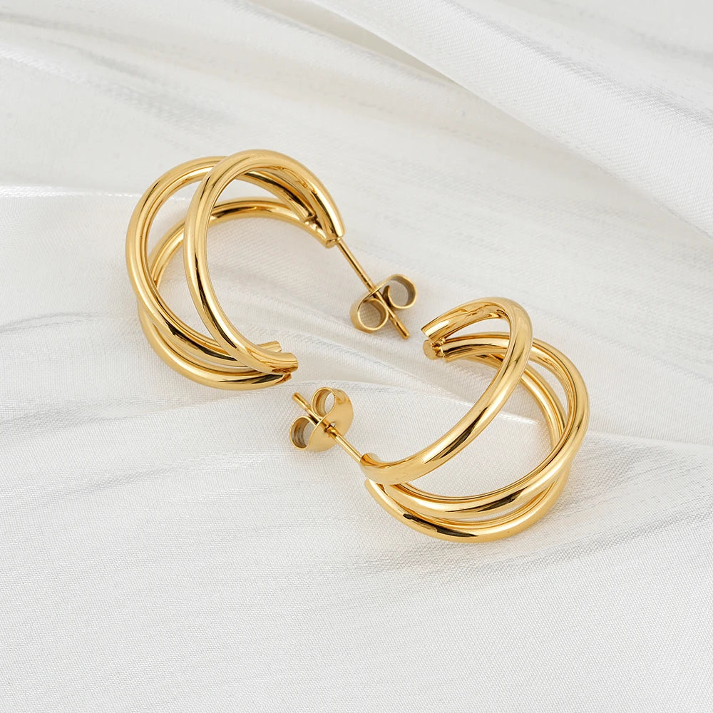 French INS Style 18k Gold Plated Three Layer Line Hoop Earrings for Women Stainless Steel Smooth Hollow Circle C Shaped Earrings