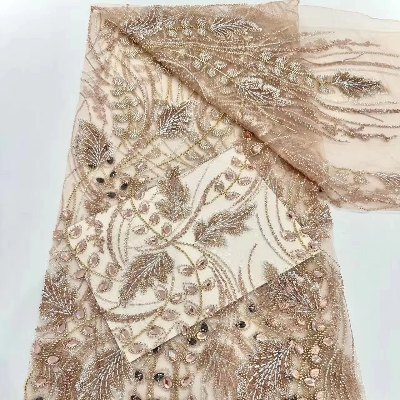 Fashion Champagne Rhinestones Crystal Tulle Fabric French Sequin Lace Fabric for Weddings Party