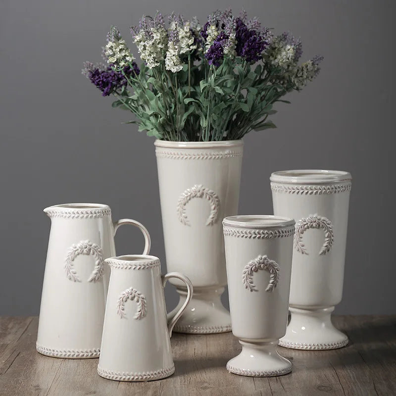 Ceramic Vase & Pitcher Set Embossed Design Nordic Decorative Flower Vase Watering Jug Home Decoration MegaBDM