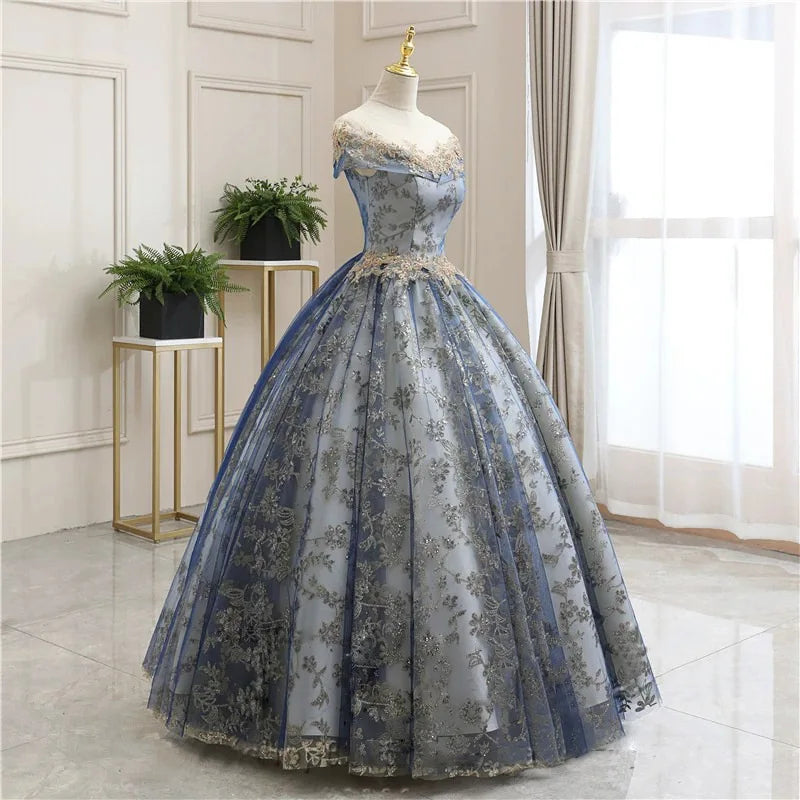 Luxury Dusty Blue Womens Ball Gown Off Shoulder Lace Applique Beaded Corset Princess Evening Dress Wholesale MegaBDM