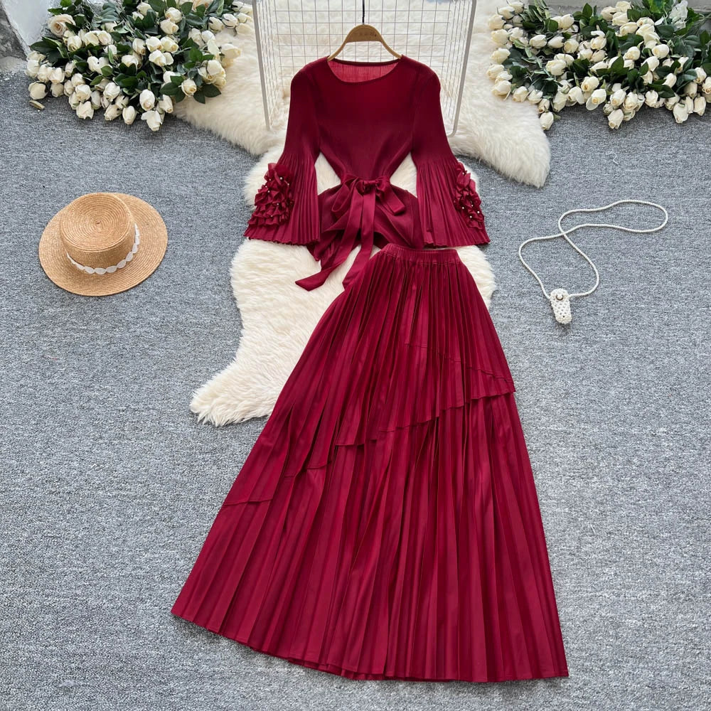 Women's Casual Sets Flare Sleeve Tunic Asymmetric Bandage Top And High Waist Slim Pleated Skirts Set American Clothing