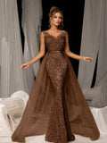 Luxury Brown Sequin Mermaid Evening Dress Women Long Sleeve Tulle Cape Formal Prom Gown Custom MegaBDM