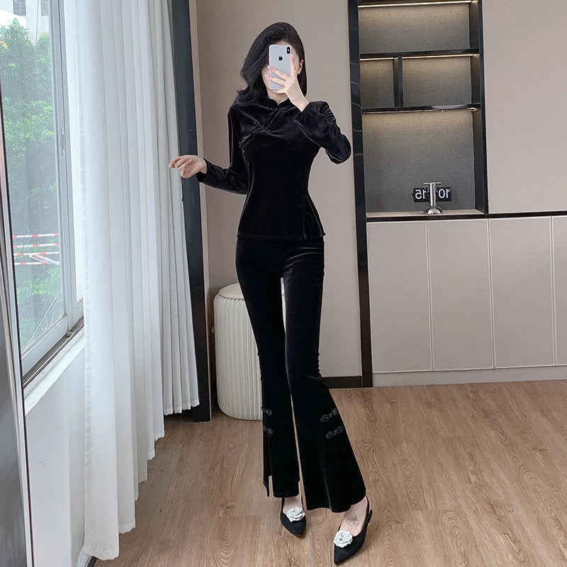 Women's Vintage Sets Top And Velvet Pants Set Clothing Wholesale