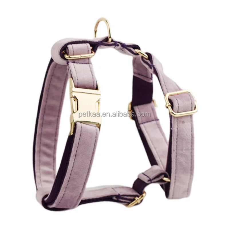 Dark pink Purple ODM OEM Customizable Eco-friendly Washable logo Pet Dogs Harness Set Collar and Leash Luxury Velvet for Dogs