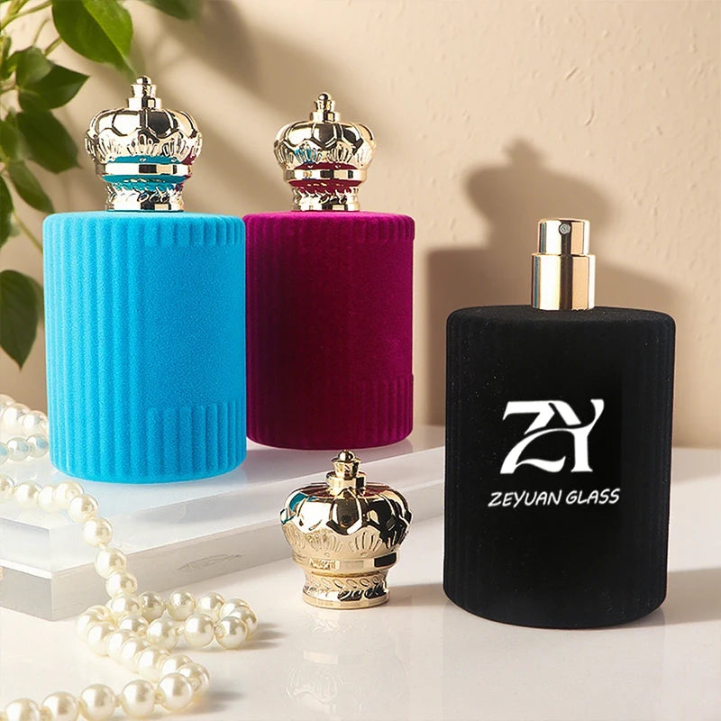 Luxury 100ml Empty Glass Perfume Bottle Velvet Flocked Finish with Electroplated ABS Crown Cap & Continuous Fine Mist Sprayer MegaBDM