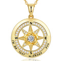 Delicate Brass Compass Necklace with Zirconia Birthstone Fashionable Copper Engraved Text Flower Pendant Link Chain Jewelry