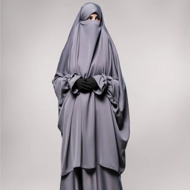 Two Piece Simple Straight Jilbab Double Ruffle Elastic Sleeves Modest Women Hijab Khimar Floor-Length Prayer Dress Adults 100% MegaBDM