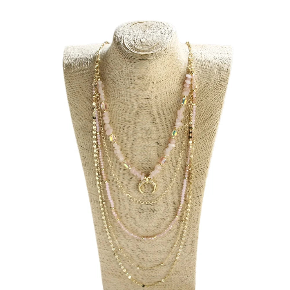 Fashion Minority Originality Bohemian Women Jewelry Multilayer Natural Stone Glass Beaded Chain Necklace Zircon Moon Charm