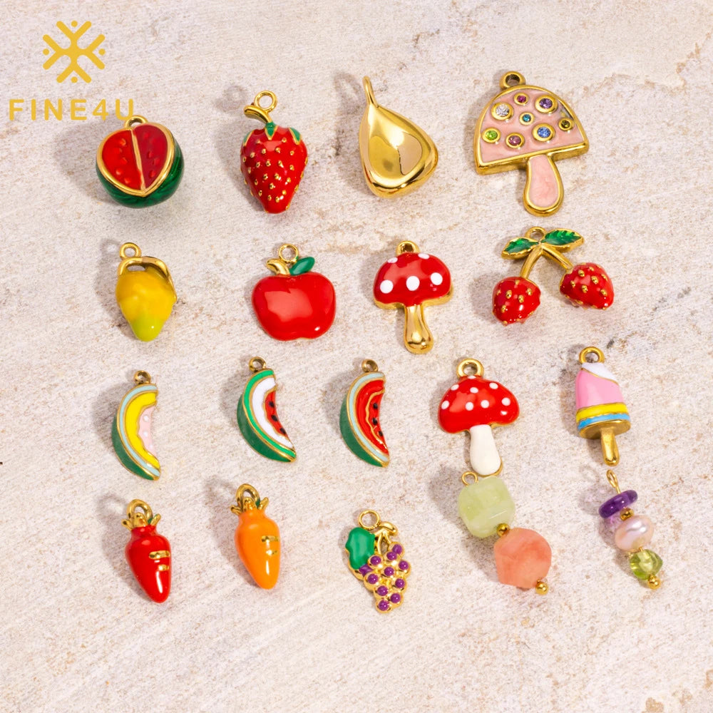 Fruit & Veggie Enamel Charms Bouquet PVD Gold Plated Stainless Steel Pendants Waterproof Hypoallergenic & Non-Fading