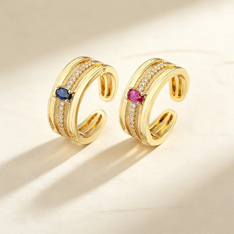 QIKU Wholesale Trendy Three Layer Rainbow Oval Crystal Adjustable Opening Rings Gold Plated Zircon Engagement Wedding Jewelry