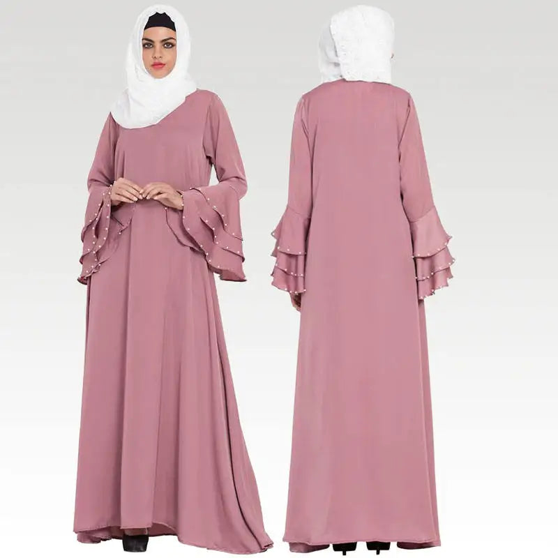 Modest Fashion Customizable Luxurious 2025 Eid Customizable Factory-made pink Plain-knitted Islamic Women's Elegant Muslim Dress MegaBDM
