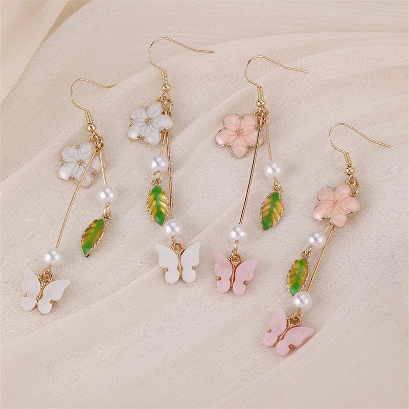 New Fashion Chinese Style Flower Metal Tassel Ear Hook Green Leaf Earring Plate butterfly Temperament Earrings for Women