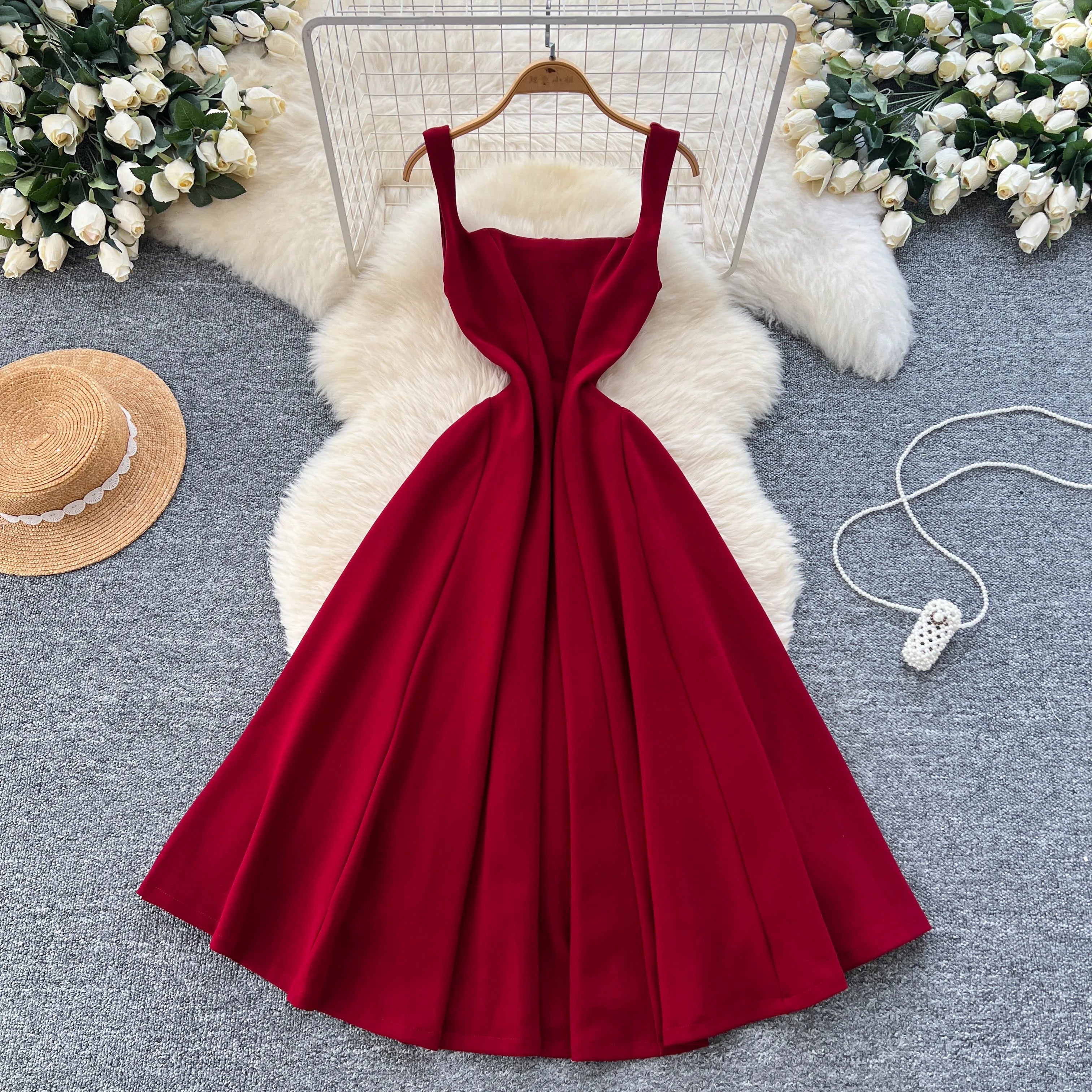 2025 Summer Roman Square Collar Tunic Slim Casual Midi Dress For Women Empire Lace Dress