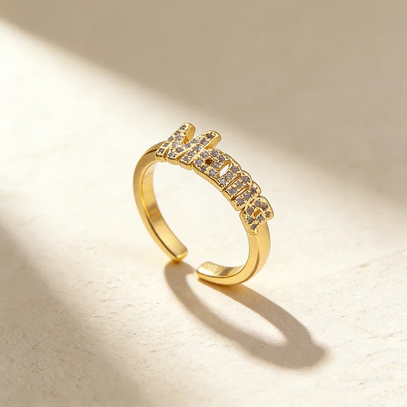 QIKU Letter Gemstone Ring 18K Gold Plated Adjustable Opening Copper Zircon Women's Birthday Party Jewelry Mother's Day Gift